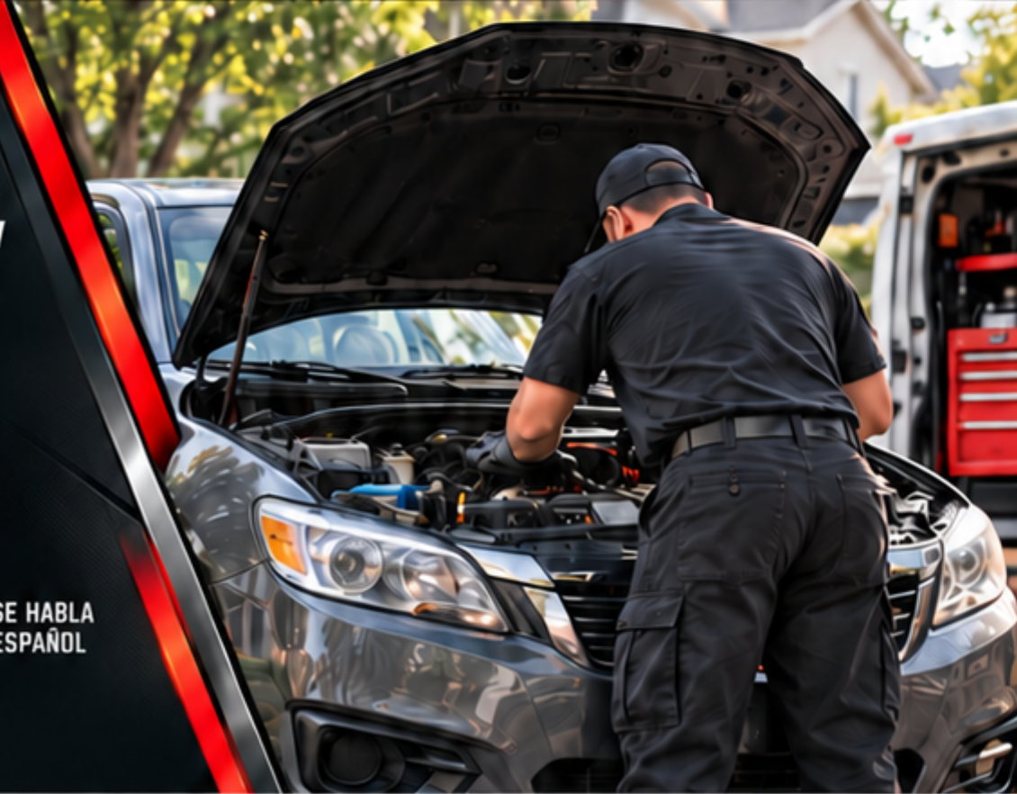 Mechanic working under the hood of a car at a customer's home